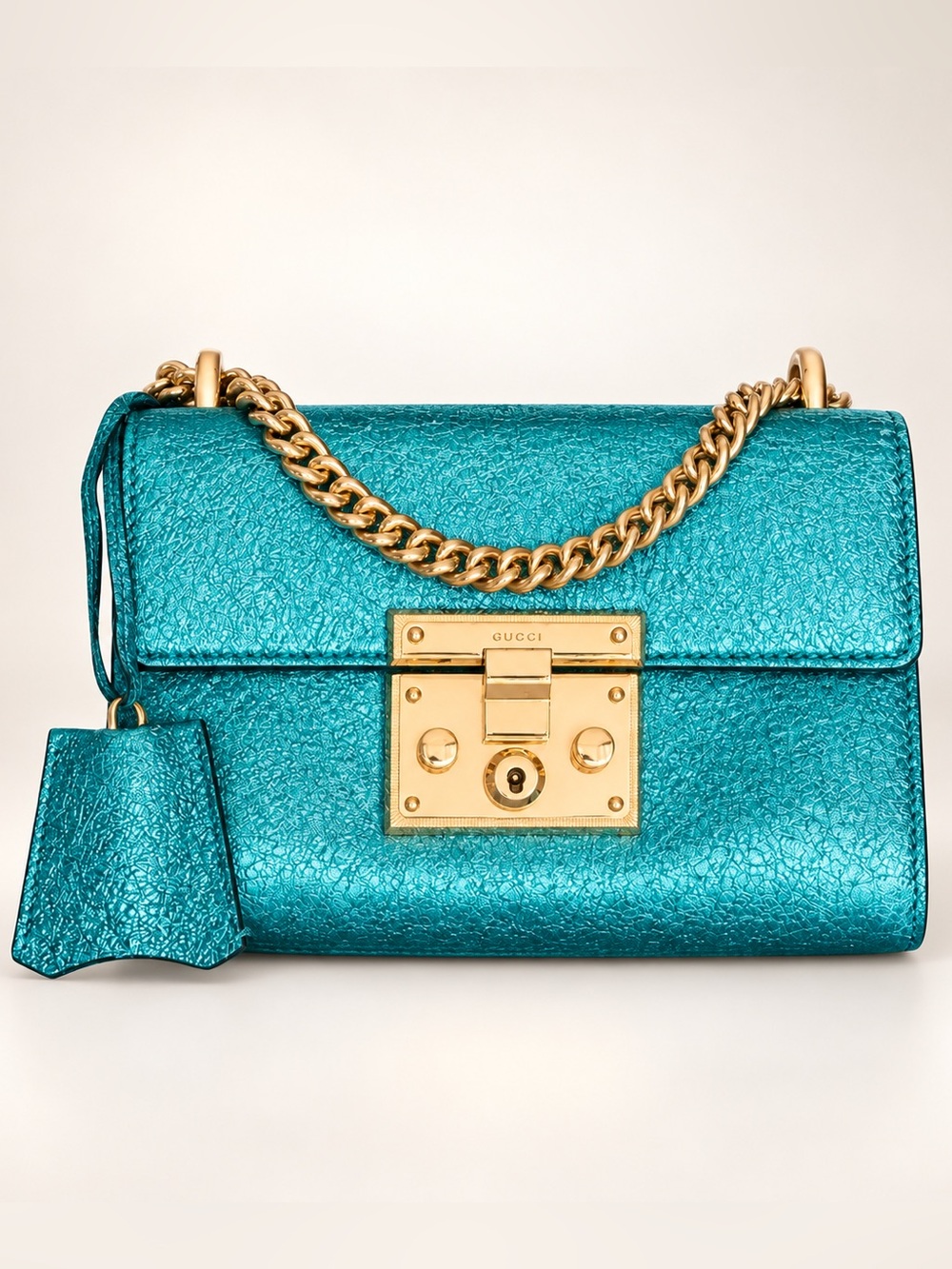 Gucci Small Padlock Bag Turchese Teal Metallic Galassia Leather 409487